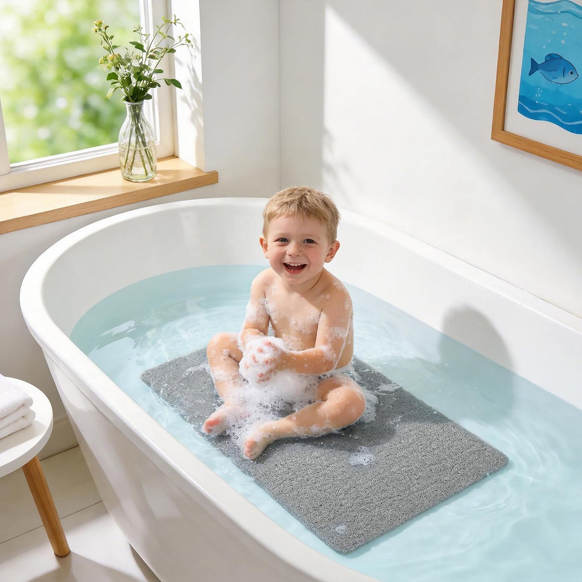 Soft Textured Bath, Shower, Tub Mat, 24x16 Inch Rectangular, Phthalate Free, Non Slip Comfort Bathtub Mats with Drain, PVC Loofah Bathroom Mat for Wet Areas, Quick Drying, Grey