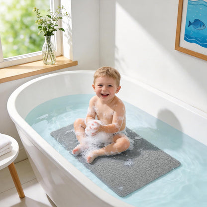 Soft Textured Bath, Shower, Tub Mat, 24x16 Inch Rectangular, Phthalate Free, Non Slip Comfort Bathtub Mats with Drain, PVC Loofah Bathroom Mat for Wet Areas, Quick Drying, Grey