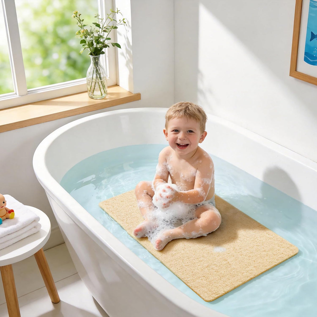 Soft Textured Bath, Shower, Tub Mat, 24x16 Inch Rectangular, Phthalate Free, Non Slip Comfort Bathtub Mats with Drain, PVC Loofah Bathroom Mat for Wet Areas, Quick Drying, Grey