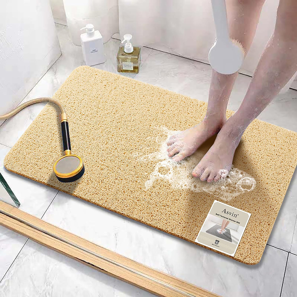 Soft Textured Bath, Shower, Tub Mat, 24x16 Inch Rectangular, Phthalate Free, Non Slip Comfort Bathtub Mats with Drain, PVC Loofah Bathroom Mat for Wet Areas, Quick Drying, Grey