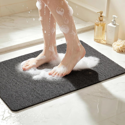 Soft Textured Bath, Shower, Tub Mat, 24x16 Inch Rectangular, Phthalate Free, Non Slip Comfort Bathtub Mats with Drain, PVC Loofah Bathroom Mat for Wet Areas, Quick Drying, Grey