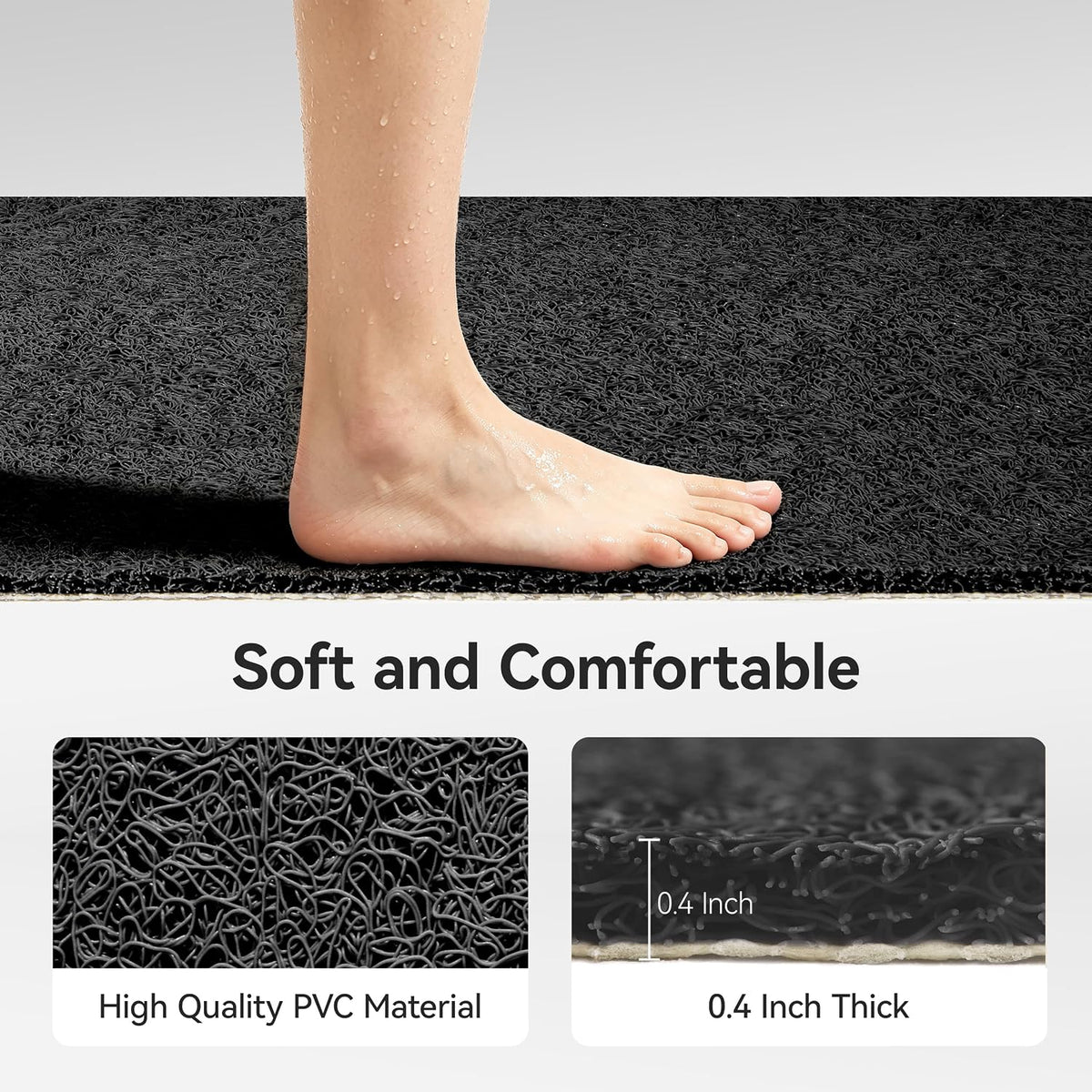 Soft Textured Bath, Shower, Tub Mat, 24x16 Inch Rectangular, Phthalate Free, Non Slip Comfort Bathtub Mats with Drain, PVC Loofah Bathroom Mat for Wet Areas, Quick Drying, Grey