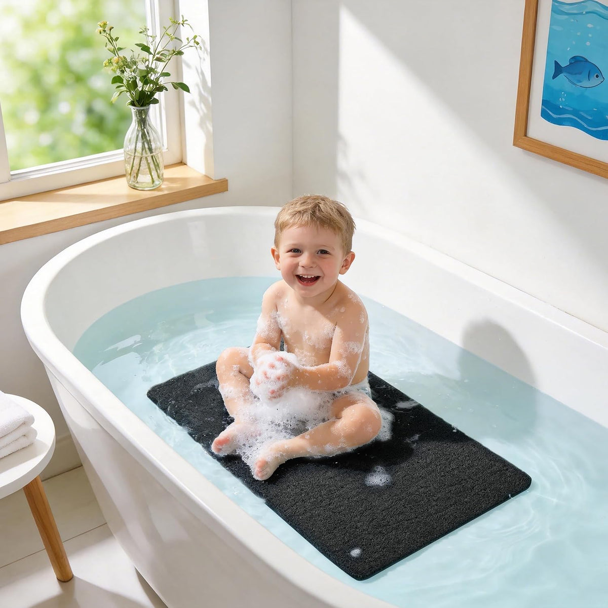 Soft Textured Bath, Shower, Tub Mat, 24x16 Inch Rectangular, Phthalate Free, Non Slip Comfort Bathtub Mats with Drain, PVC Loofah Bathroom Mat for Wet Areas, Quick Drying, Grey
