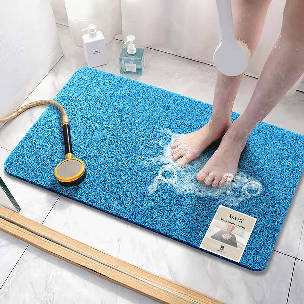 Soft Textured Bath, Shower, Tub Mat, 24x16 Inch Rectangular, Phthalate Free, Non Slip Comfort Bathtub Mats with Drain, PVC Loofah Bathroom Mat for Wet Areas, Quick Drying, Grey