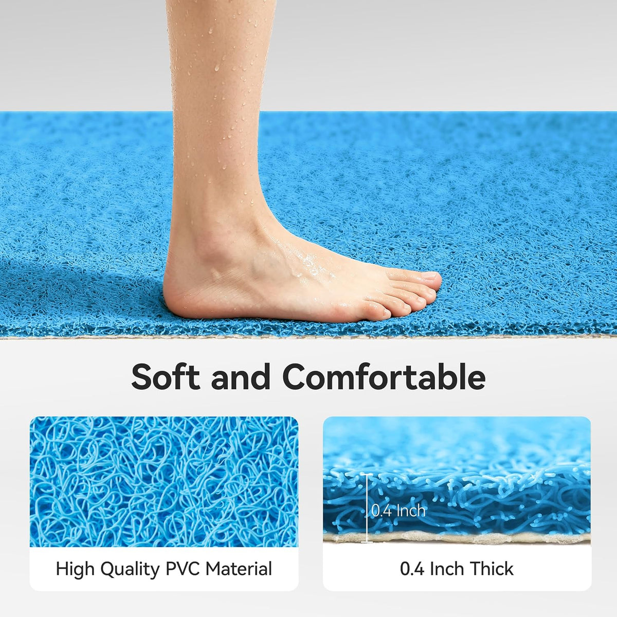 Soft Textured Bath, Shower, Tub Mat, 24x16 Inch Rectangular, Phthalate Free, Non Slip Comfort Bathtub Mats with Drain, PVC Loofah Bathroom Mat for Wet Areas, Quick Drying, Grey