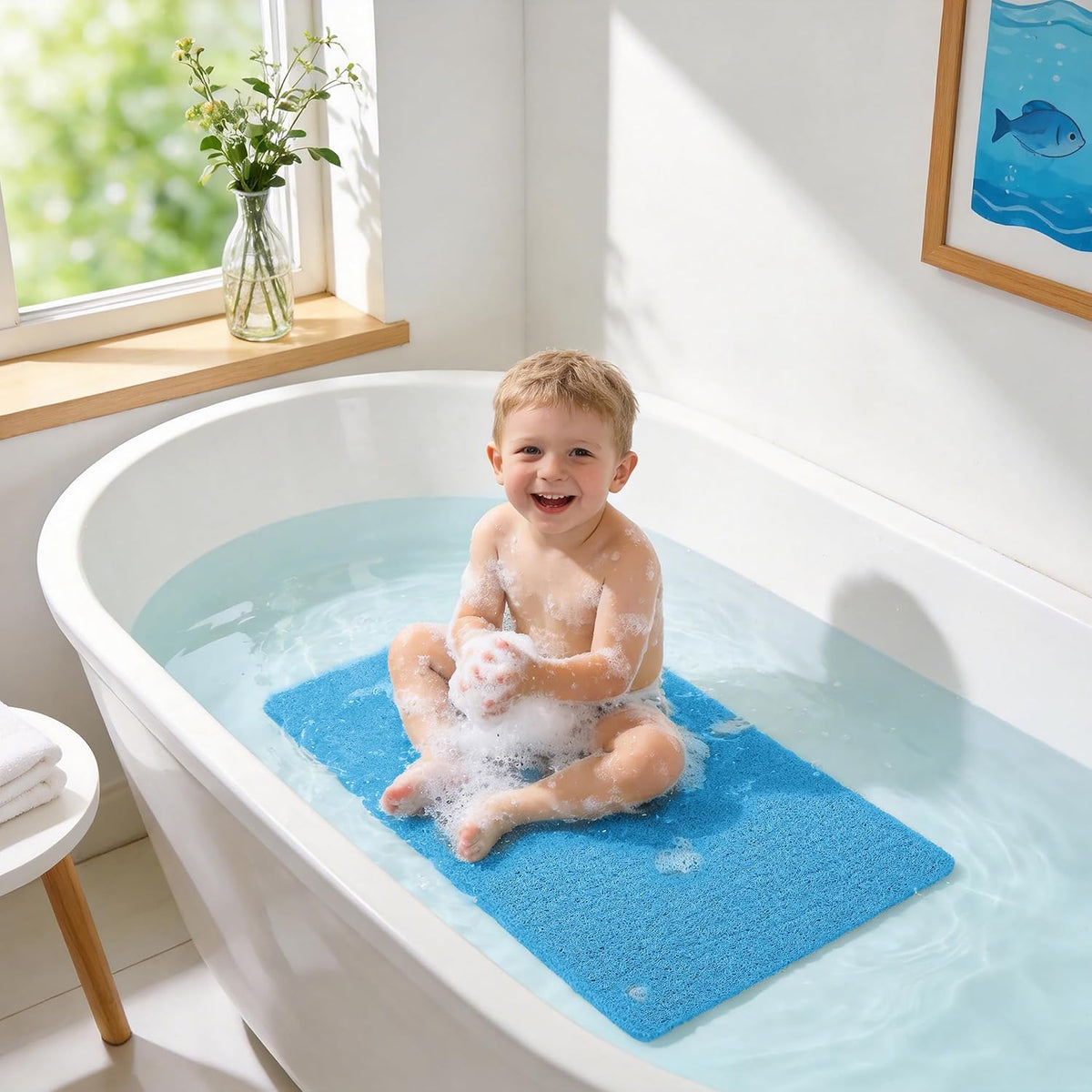 Soft Textured Bath, Shower, Tub Mat, 24x16 Inch Rectangular, Phthalate Free, Non Slip Comfort Bathtub Mats with Drain, PVC Loofah Bathroom Mat for Wet Areas, Quick Drying, Grey