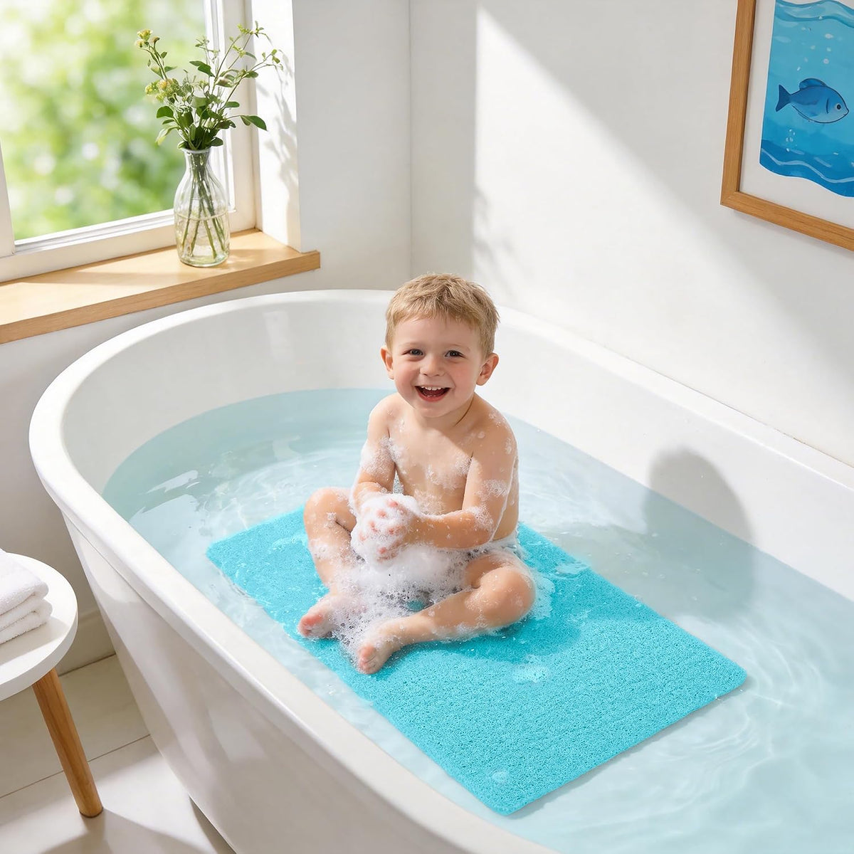 Soft Textured Bath, Shower, Tub Mat, 24x16 Inch Rectangular, Phthalate Free, Non Slip Comfort Bathtub Mats with Drain, PVC Loofah Bathroom Mat for Wet Areas, Quick Drying, Grey