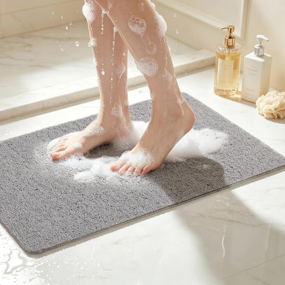 Soft Textured Bath, Shower, Tub Mat, 24x16 Inch Rectangular, Phthalate Free, Non Slip Comfort Bathtub Mats with Drain, PVC Loofah Bathroom Mat for Wet Areas, Quick Drying, Grey