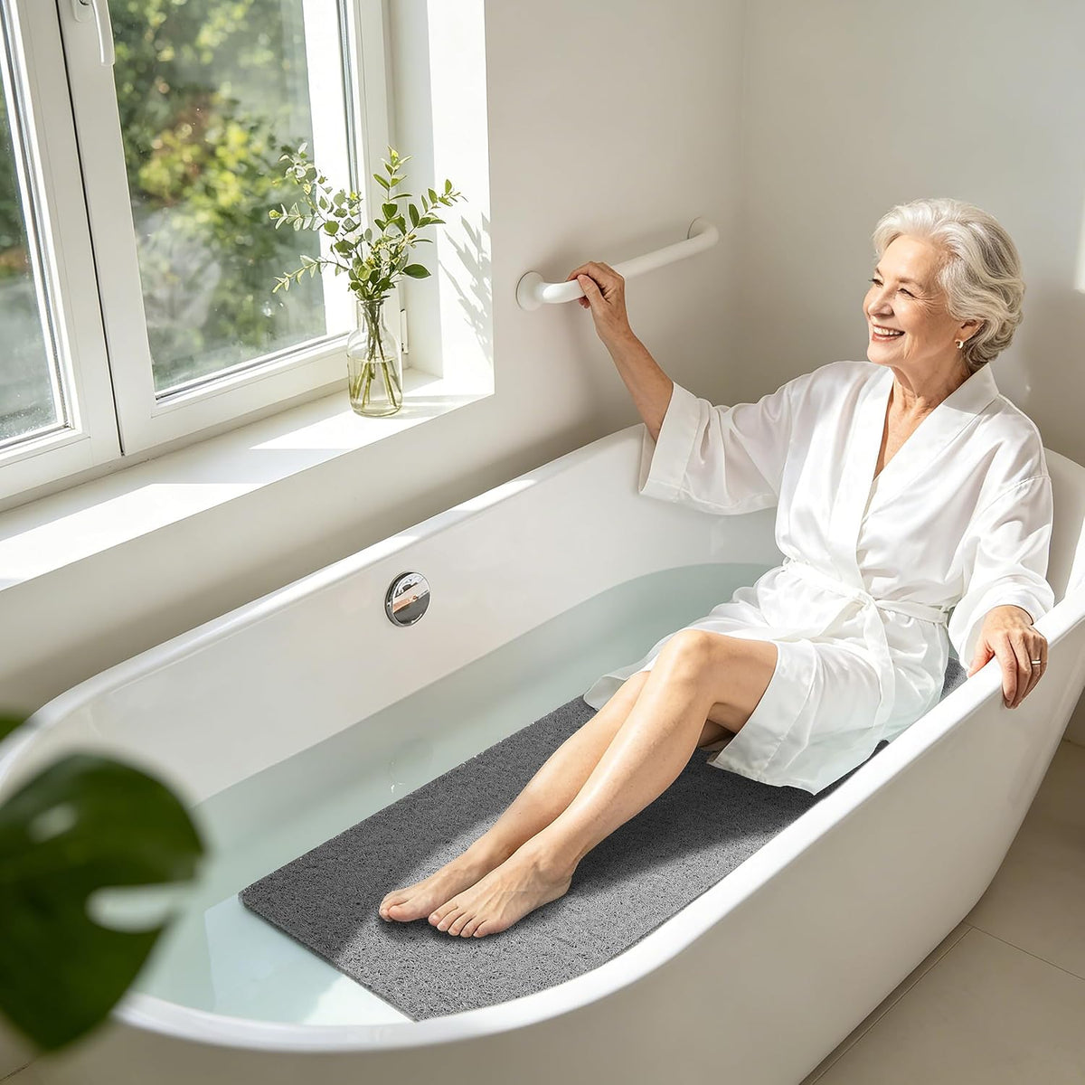 Soft Textured Bath, Shower, Tub Mat, 24x16 Inch Rectangular, Phthalate Free, Non Slip Comfort Bathtub Mats with Drain, PVC Loofah Bathroom Mat for Wet Areas, Quick Drying, Grey