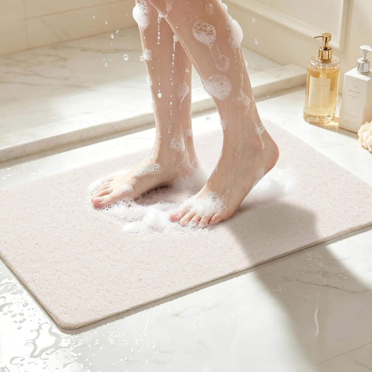 Soft Textured Bath, Shower, Tub Mat, 24x16 Inch Rectangular, Phthalate Free, Non Slip Comfort Bathtub Mats with Drain, PVC Loofah Bathroom Mat for Wet Areas, Quick Drying, Grey