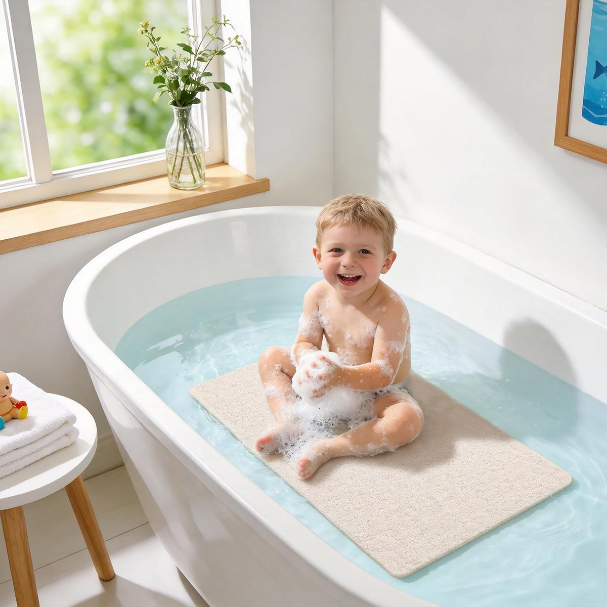 Soft Textured Bath, Shower, Tub Mat, 24x16 Inch Rectangular, Phthalate Free, Non Slip Comfort Bathtub Mats with Drain, PVC Loofah Bathroom Mat for Wet Areas, Quick Drying, Grey