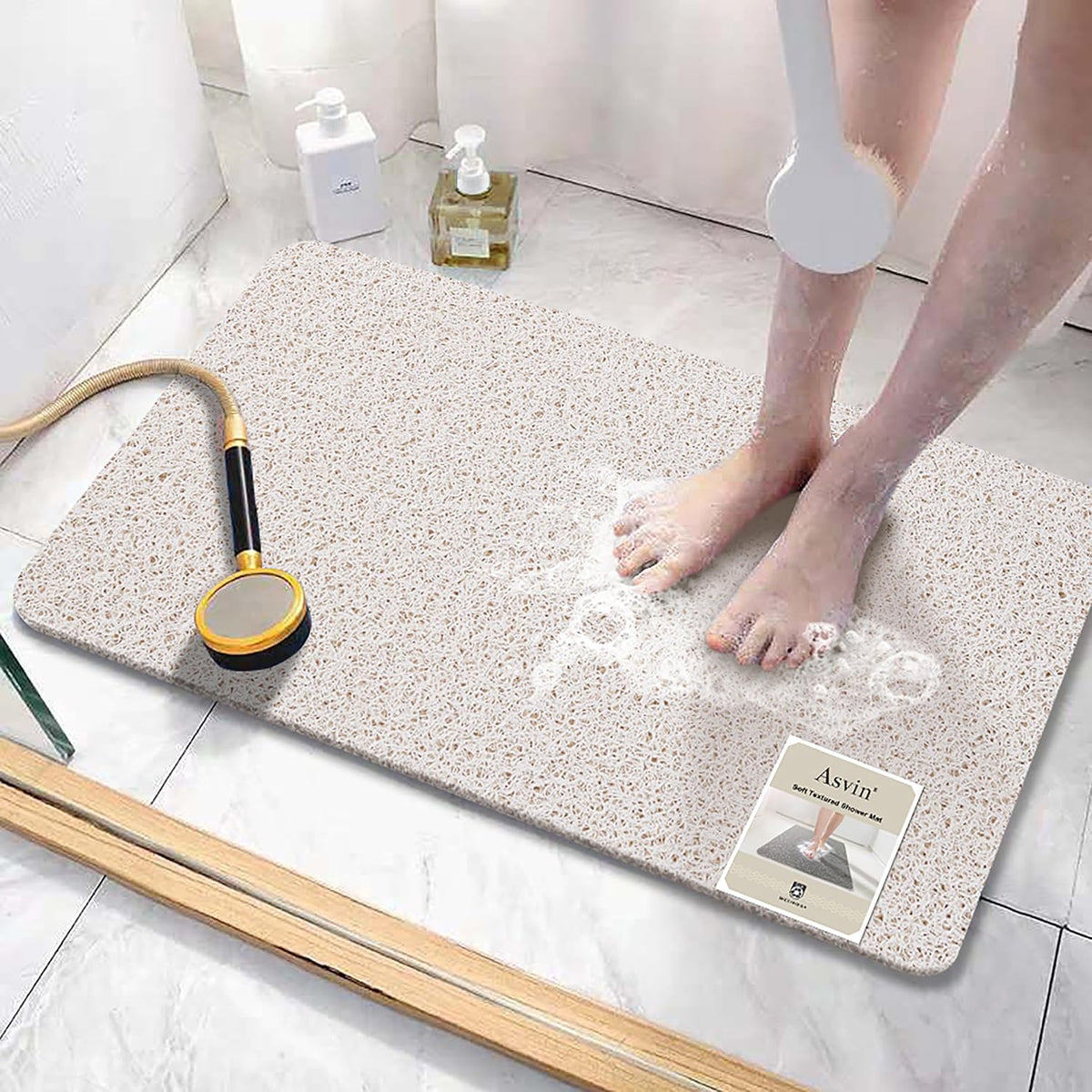 Soft Textured Bath, Shower, Tub Mat, 24x16 Inch Rectangular, Phthalate Free, Non Slip Comfort Bathtub Mats with Drain, PVC Loofah Bathroom Mat for Wet Areas, Quick Drying, Grey