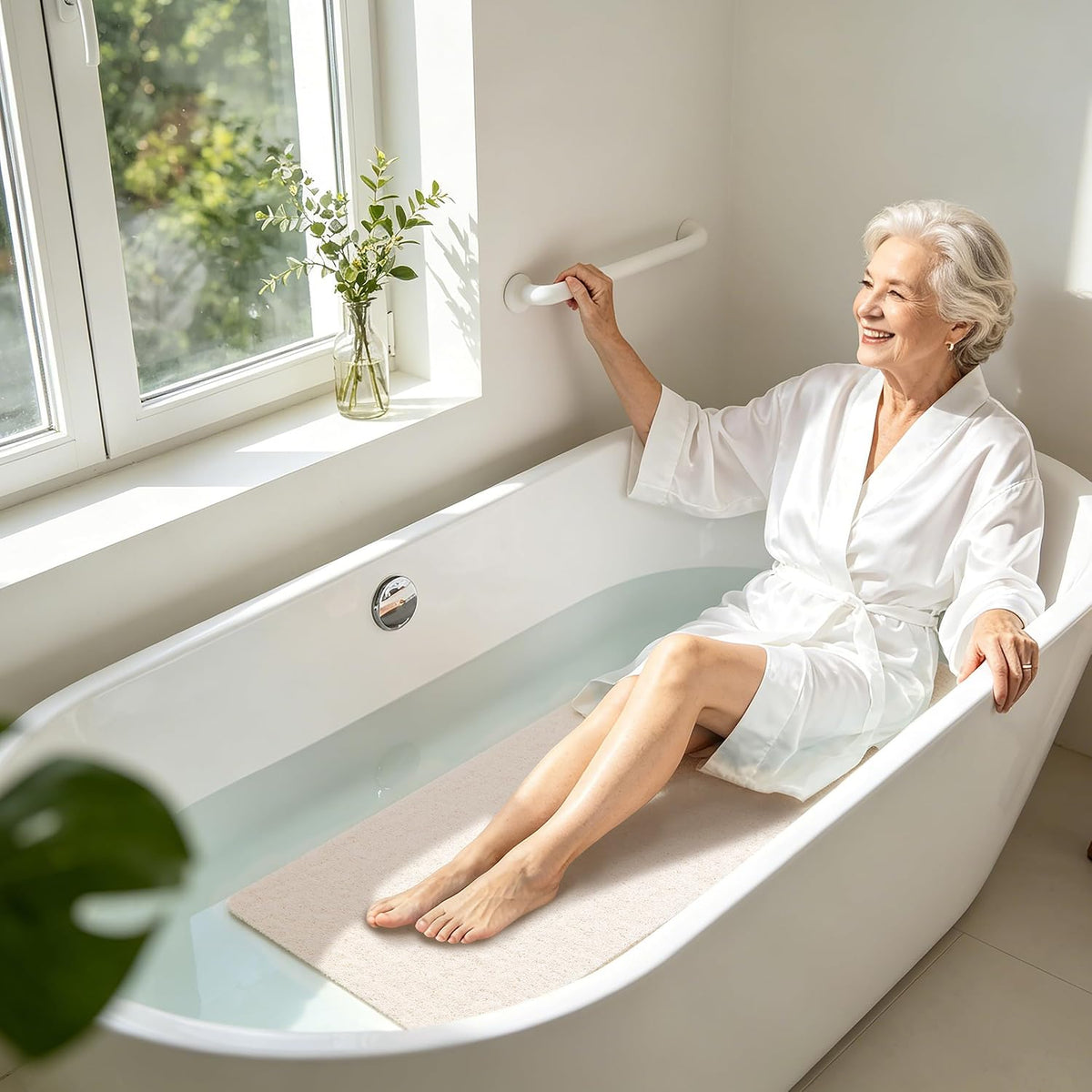 Soft Textured Bath, Shower, Tub Mat, 24x16 Inch Rectangular, Phthalate Free, Non Slip Comfort Bathtub Mats with Drain, PVC Loofah Bathroom Mat for Wet Areas, Quick Drying, Grey