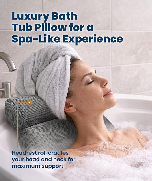 Luxury Bath Pillow for Tub – Quick-Dry 4D Mesh – Gray