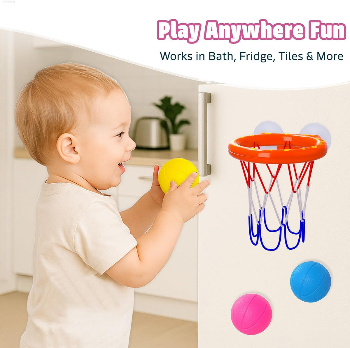 Bath Toys - Bathtub Basketball Hoop for Toddler Kids | with 3 Colorful Mold-Free Balls Set and Strong Suction Cups Basketball Hoop - Fun Bathtub Toys for Toddlers, Boys and Girls