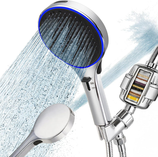 LED Filtered Shower Head with Handheld,High Pressure with light | ON/OFF Switch,4-Spray Showerhead with 20-Stage Vitamin C/E/A Filter,Removes Chlorine, Reduces Dry & Itchy Skin,Color Changing
