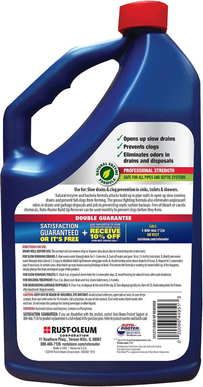 Roto-Rooter Build-Up Remover Drain Cleaner, Enzyme-Based Formula Helps Prevent Clogs and Grease Buildup, Removes Odor, Safe for Septic Systems, Pipes, Toilets, Drains and Sinks, 64 oz