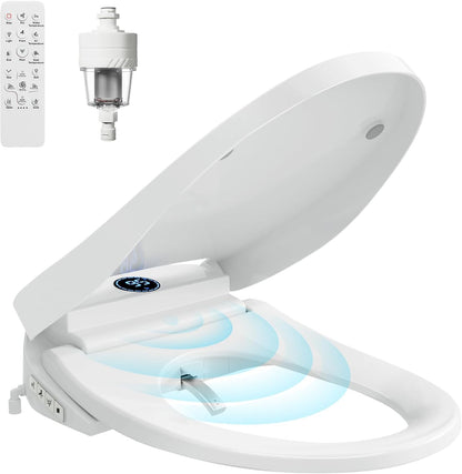 Smart Bidet Toilet Seat with Auto Open/Close Lid - Elongated Heated Seat, Instant Warm Water & Air Dryer, Remote Control, Stainless Steel Filter, Multiple Wash Modes & ECO Mode