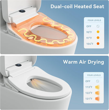 Smart Bidet Toilet Seat with Auto Open/Close Lid - Elongated Heated Seat, Instant Warm Water & Air Dryer, Remote Control, Stainless Steel Filter, Multiple Wash Modes & ECO Mode