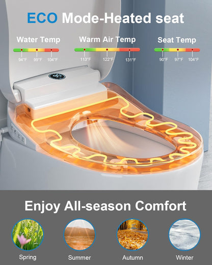 Smart Bidet Toilet Seat with Auto Open/Close Lid - Elongated Heated Seat, Instant Warm Water & Air Dryer, Remote Control, Stainless Steel Filter, Multiple Wash Modes & ECO Mode