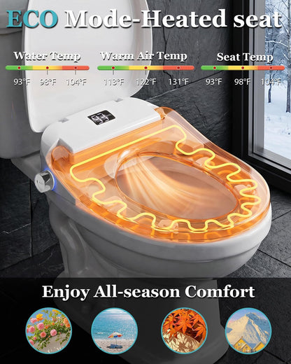 Smart Bidet Toilet Seat with Auto Open/Close Lid - Elongated Heated Seat, Instant Warm Water & Air Dryer, Remote Control, Stainless Steel Filter, Multiple Wash Modes & ECO Mode