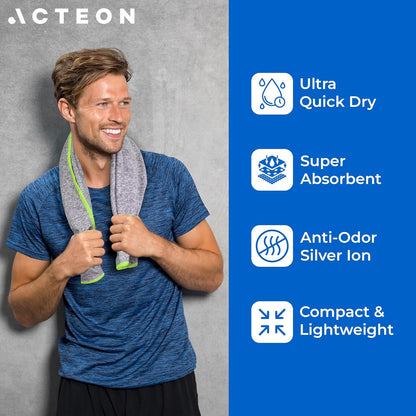Microfiber Gym Towels, Quick Dry Silver ION Odor-Free Sweat Towel, Super Absorbent Fast Drying for Men & Women, Workout, Yoga, Running, Hiking, Travel – 16x30.5 Inch