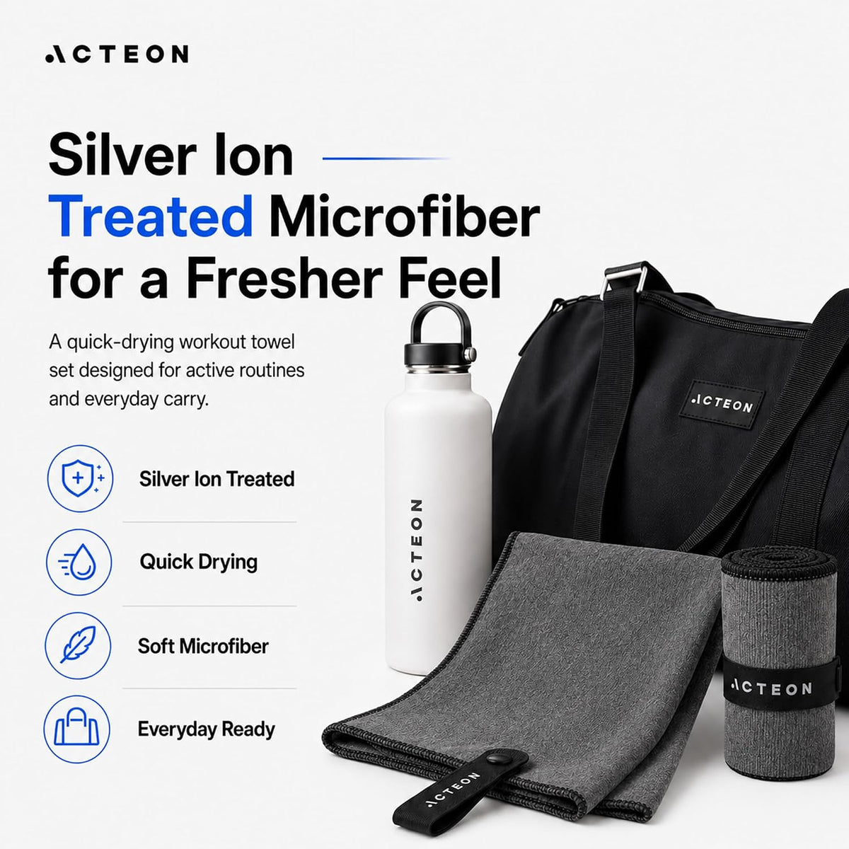 Microfiber Gym Towels, Quick Dry Silver ION Odor-Free Sweat Towel, Super Absorbent Fast Drying for Men & Women, Workout, Yoga, Running, Hiking, Travel – 16x30.5 Inch