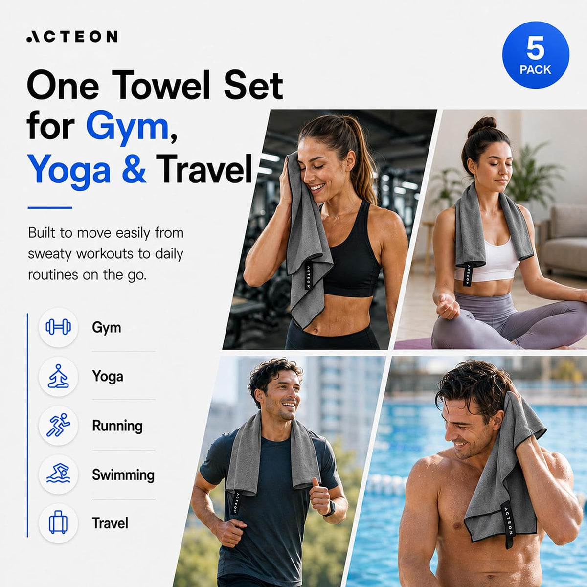 Microfiber Gym Towels, Quick Dry Silver ION Odor-Free Sweat Towel, Super Absorbent Fast Drying for Men & Women, Workout, Yoga, Running, Hiking, Travel – 16x30.5 Inch