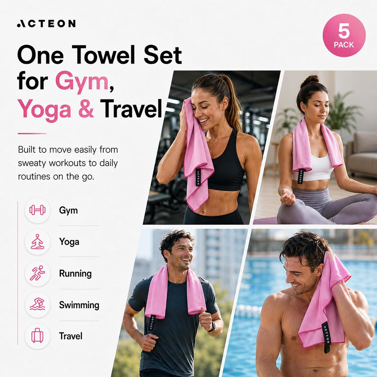 Microfiber Gym Towels, Quick Dry Silver ION Odor-Free Sweat Towel, Super Absorbent Fast Drying for Men & Women, Workout, Yoga, Running, Hiking, Travel – 16x30.5 Inch