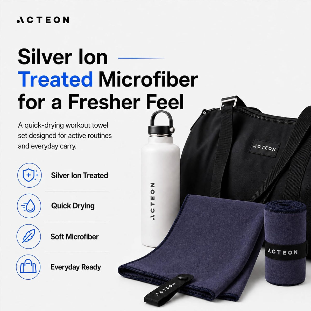 Microfiber Gym Towels, Quick Dry Silver ION Odor-Free Sweat Towel, Super Absorbent Fast Drying for Men & Women, Workout, Yoga, Running, Hiking, Travel – 16x30.5 Inch