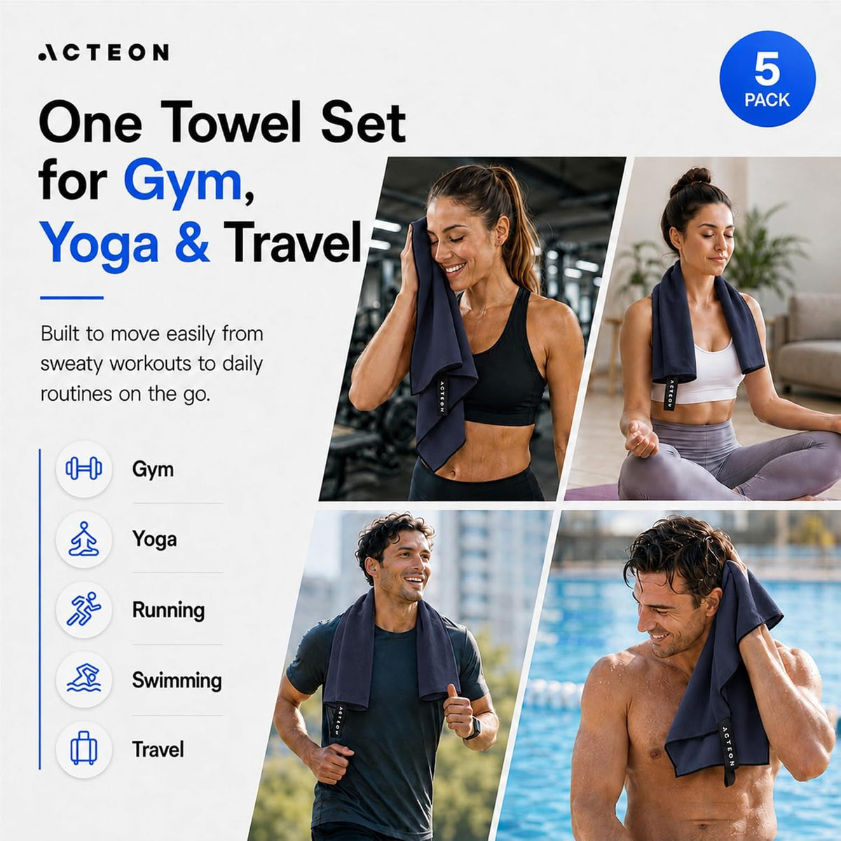 Microfiber Gym Towels, Quick Dry Silver ION Odor-Free Sweat Towel, Super Absorbent Fast Drying for Men & Women, Workout, Yoga, Running, Hiking, Travel – 16x30.5 Inch
