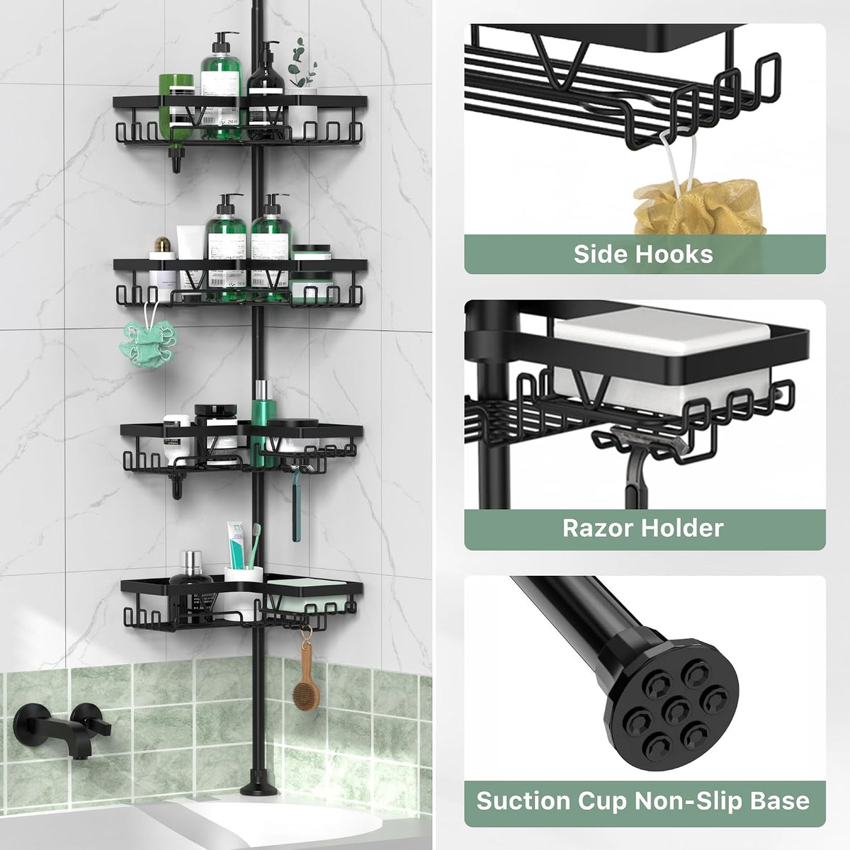 Corner Shower Caddy Tension Pole 4 Tier Shower Caddy Organizer Black
