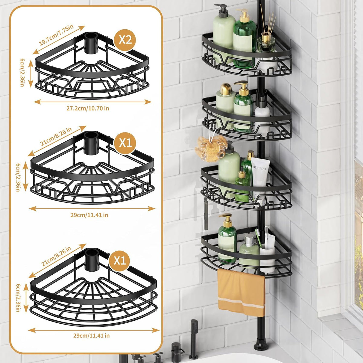 Corner Shower Caddy Tension Pole 4 Tier Shower Caddy Organizer Black
