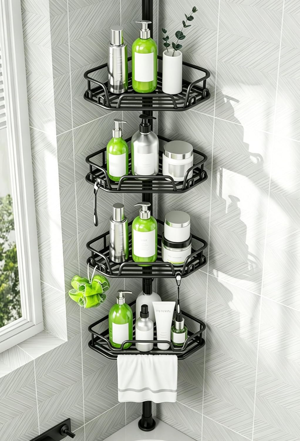 Corner Shower Caddy Tension Pole 4 Tier Shower Caddy Organizer Black