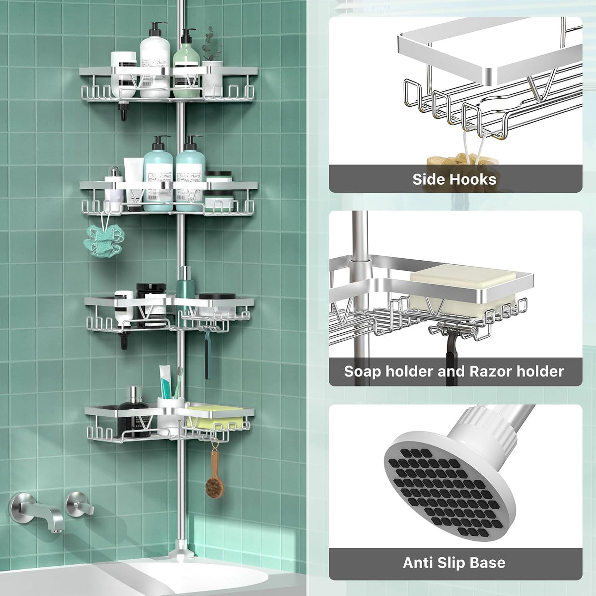 Corner Shower Caddy Tension Pole 4 Tier Shower Caddy Organizer Black