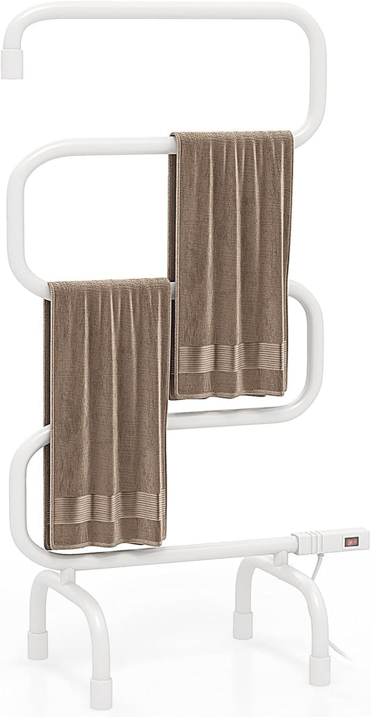 Heated Towel Warmer, Freestanding & Wall-Mounted 5-Bar Drying Rack with Built-in Switch, Overheat Protection & Constant Temperature Control, for Bathroom, Spa, White