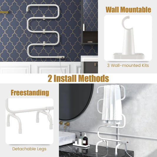 Heated Towel Warmer, Freestanding & Wall-Mounted 5-Bar Drying Rack with Built-in Switch, Overheat Protection & Constant Temperature Control, for Bathroom, Spa, White