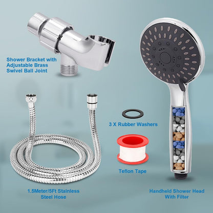 Handheld Shower Head High Pressure 5-Settings with Hose, Chrome | Powerful Water Spray, Against Low Pressure Water Flow, 59 Inch Stainless Hose, Adjustable Mount