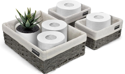 Over the Toilet Tank Wicker Storage Basket, Bathroom and Closet Organizers and Storage Bins with Fabric Liner, Grey, 2 Pack Set