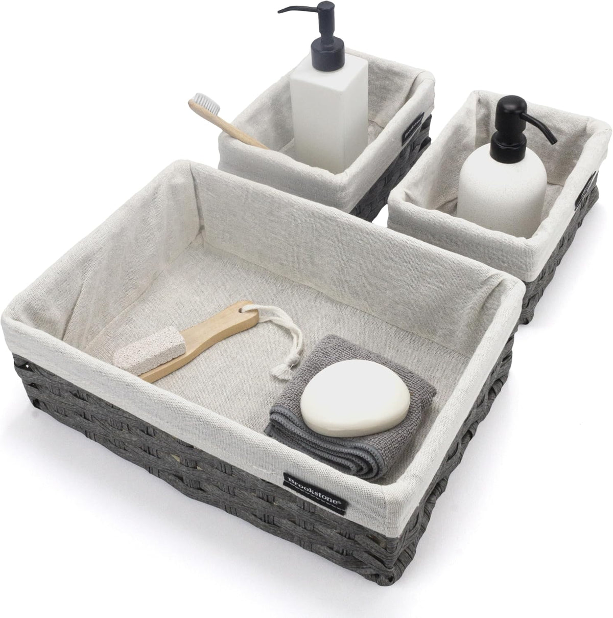 Over the Toilet Tank Wicker Storage Basket, Bathroom and Closet Organizers and Storage Bins with Fabric Liner, Grey, 2 Pack Set
