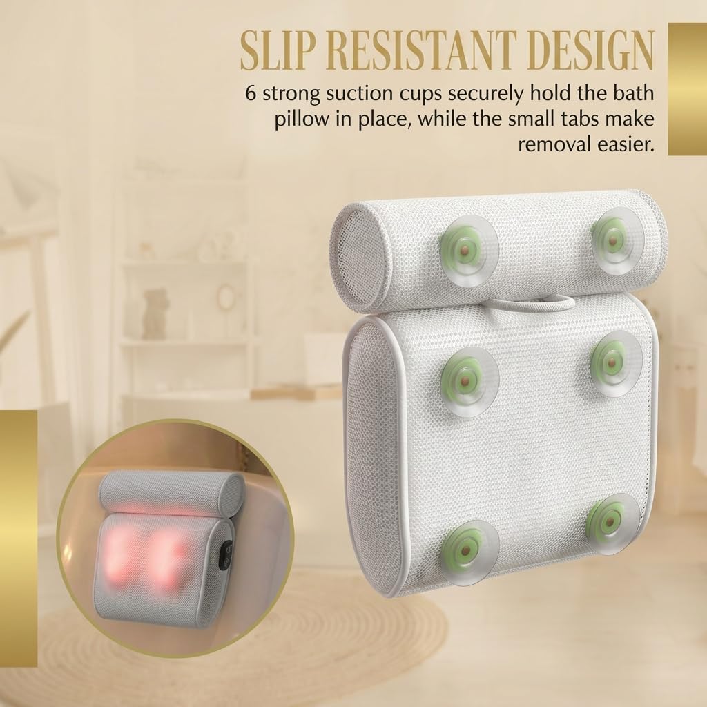 Massaging Bath Pillow — Shiatsu Neck and Back Massager for Tub with 2 Speeds — IPX8 Waterproof Deep Kneading Comfort — 4 Massage Nodes USB-C Rechargeable — Spa Gift for Women — Fits All Tubs