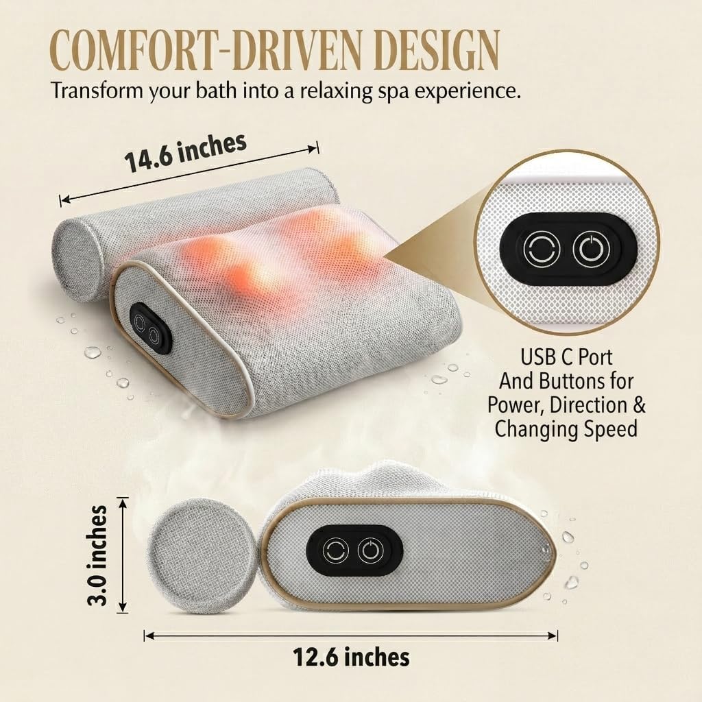 Massaging Bath Pillow — Shiatsu Neck and Back Massager for Tub with 2 Speeds — IPX8 Waterproof Deep Kneading Comfort — 4 Massage Nodes USB-C Rechargeable — Spa Gift for Women — Fits All Tubs