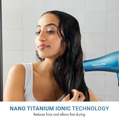 BaBylissPRO Nano Titanium 2000-Watt Blow Dryer with Concentrator Nozzle, Professional Grade Ionic Corded Styling Tool for Hair