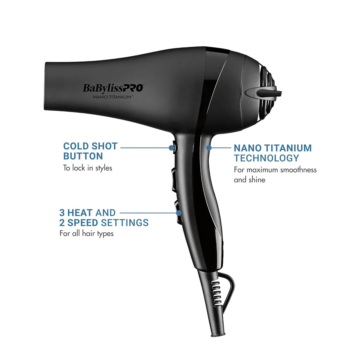 BaBylissPRO Nano Titanium 2000-Watt Blow Dryer with Concentrator Nozzle, Professional Grade Ionic Corded Styling Tool for Hair