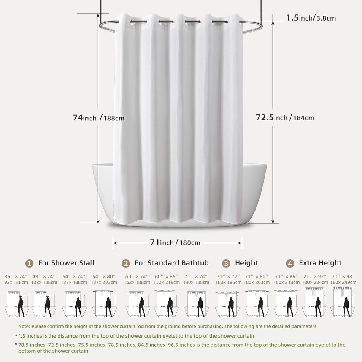 No Hook Shower Curtain, Waterproof Slub Fabric, White 71x74 in