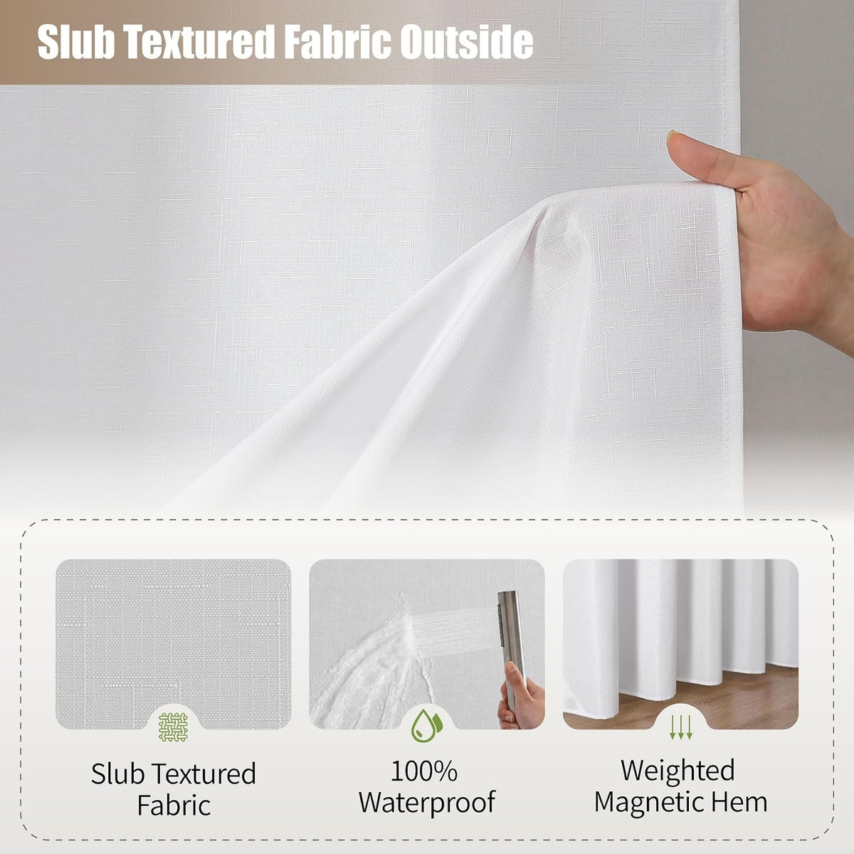 No Hook Shower Curtain, Waterproof Slub Fabric, White 71x74 in