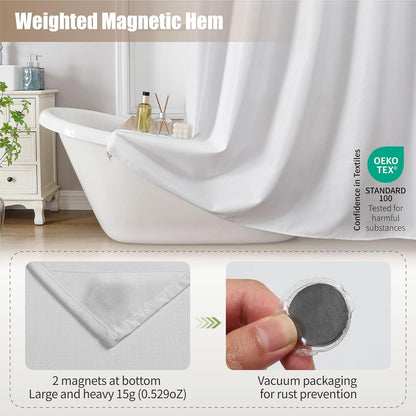 No Hook Shower Curtain, Waterproof Slub Fabric, White 71x74 in