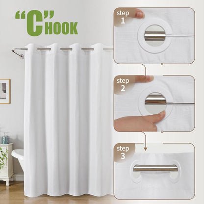 No Hook Shower Curtain, Waterproof Slub Fabric, White 71x74 in