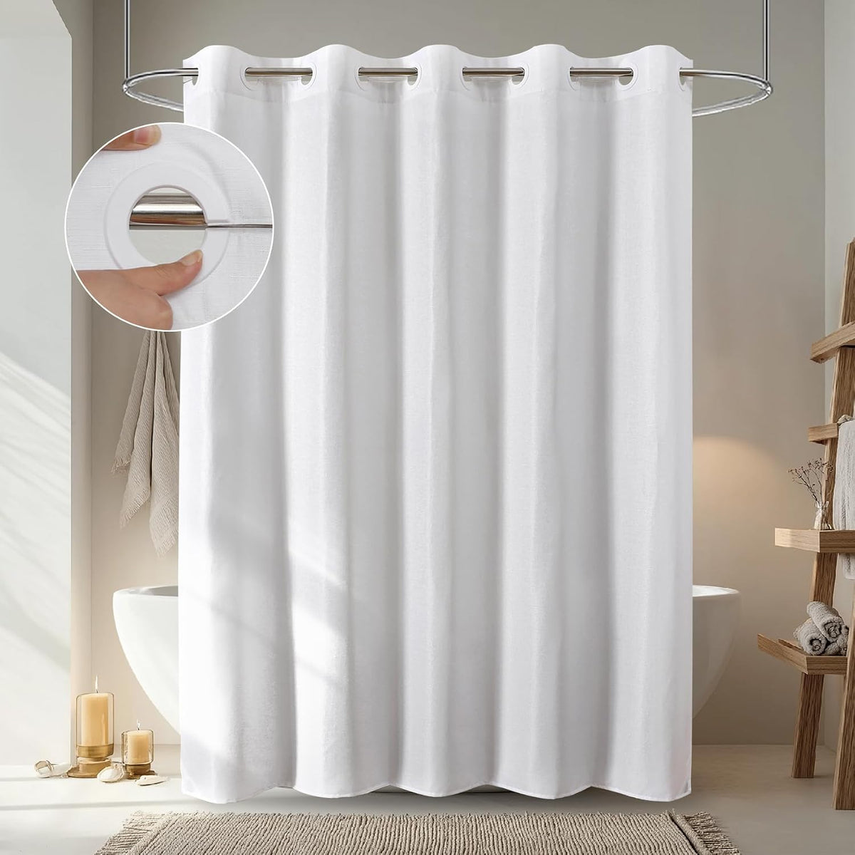 No Hook Shower Curtain, Waterproof Slub Fabric, White 71x74 in