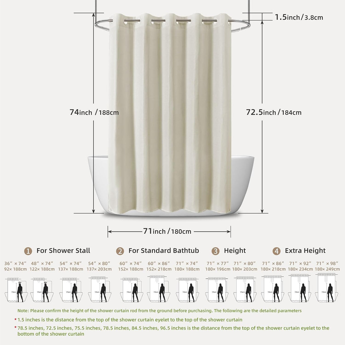 No Hook Shower Curtain, Waterproof Slub Fabric, White 71x74 in